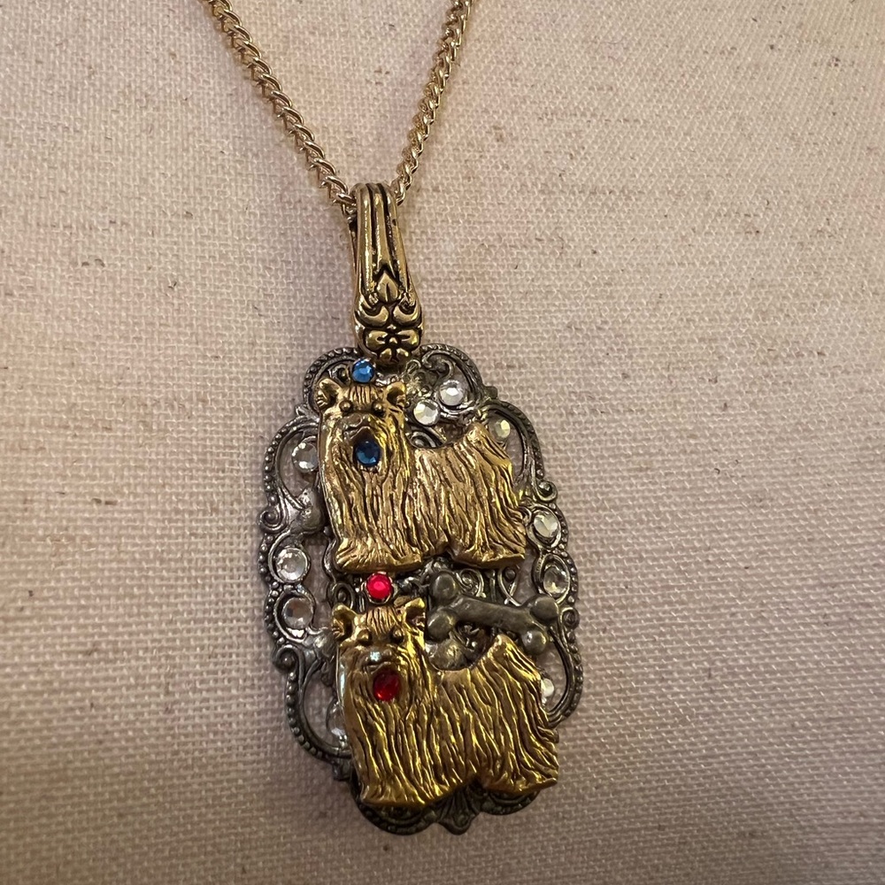 Gold and Silver Pendant Necklace with Intricate Design and 2 Dogs with Crystals - Picture 5 of 6